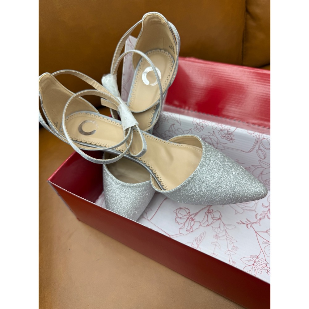 Journee Luela Pumps Women 8.5 Silver New Glitter Ankle Strap Pointed Toe Heels - Picture 4 of 9